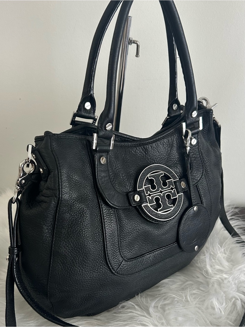 Tory Burch Amanda Black Pebbled Leather Tote Shoulder Bag Crossbody - Picture 5 of 14